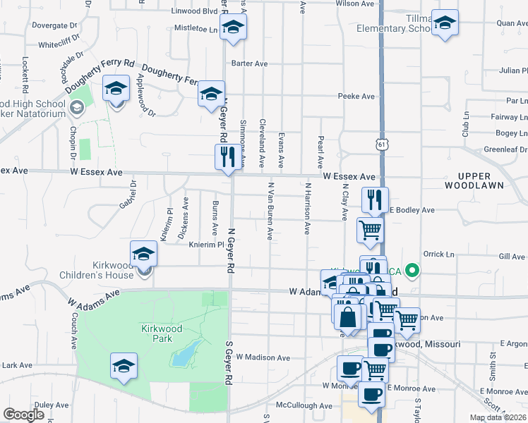 map of restaurants, bars, coffee shops, grocery stores, and more near 414 Central Place in Kirkwood