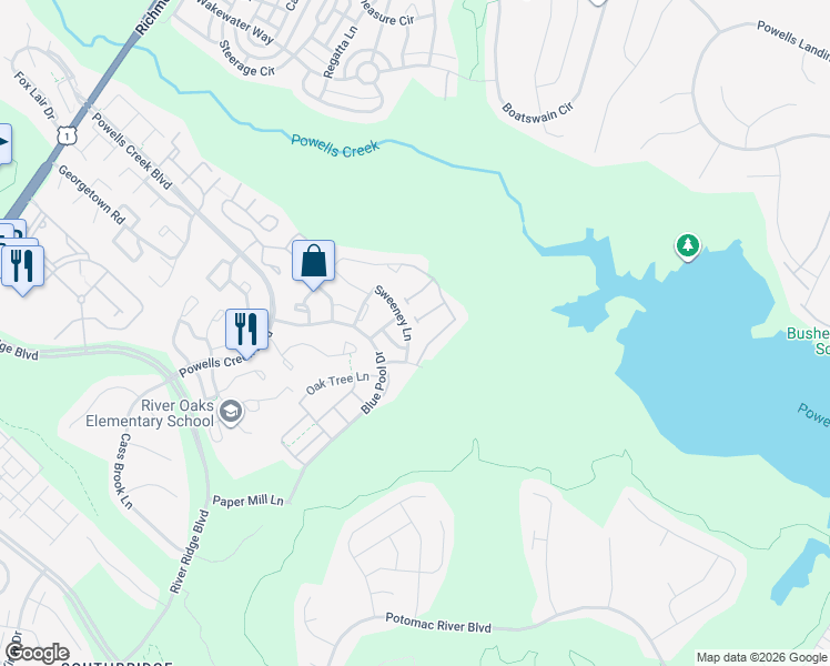 map of restaurants, bars, coffee shops, grocery stores, and more near 16797 Sweeney Lane in Woodbridge