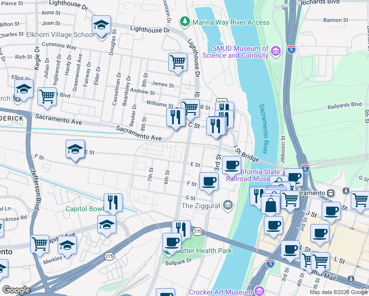 map of restaurants, bars, coffee shops, grocery stores, and more near 402 Harriet Lane in West Sacramento