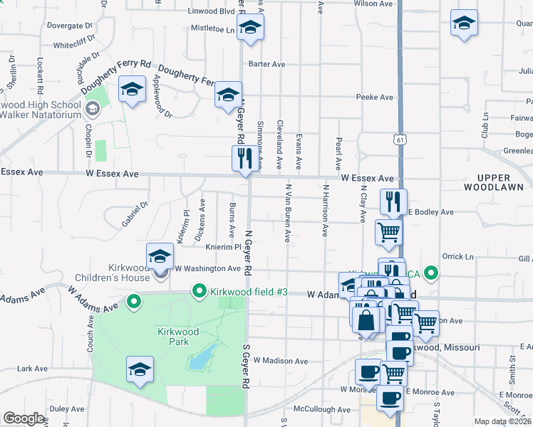 map of restaurants, bars, coffee shops, grocery stores, and more near 414 Central Place in Kirkwood