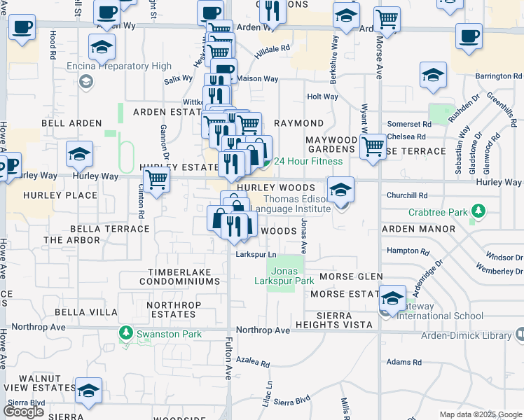 map of restaurants, bars, coffee shops, grocery stores, and more near 2671 Matheson Way in Sacramento
