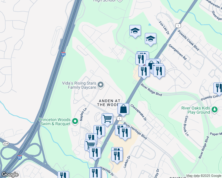 map of restaurants, bars, coffee shops, grocery stores, and more near 16817 Francis West Lane in Dumfries