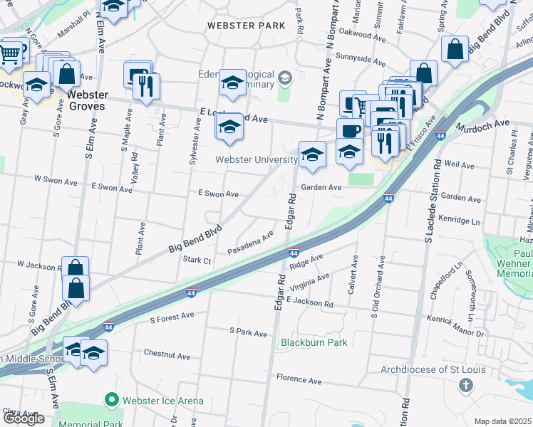 map of restaurants, bars, coffee shops, grocery stores, and more near 457 Catalina Avenue in Webster Groves