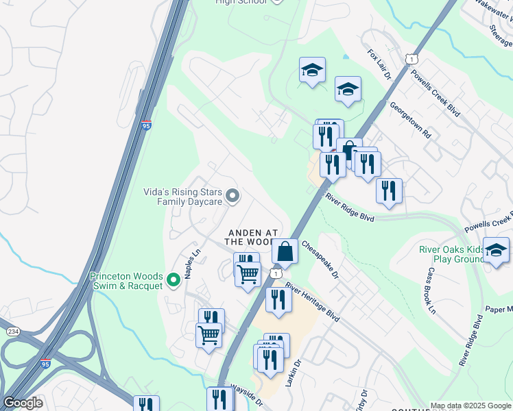 map of restaurants, bars, coffee shops, grocery stores, and more near 16817 Francis West Lane in Dumfries