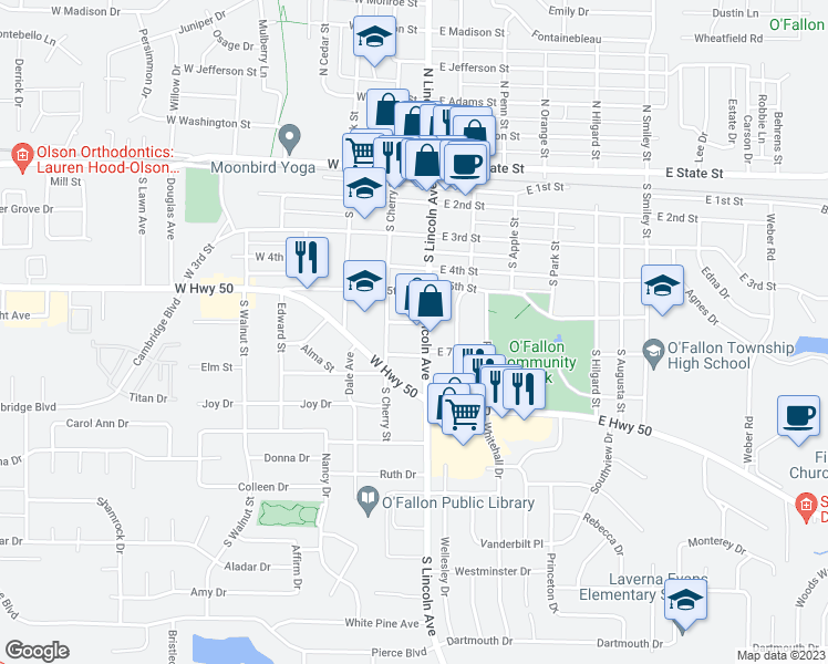 map of restaurants, bars, coffee shops, grocery stores, and more near 107 West 6th Street in O'Fallon