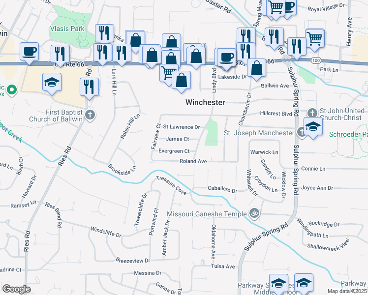 map of restaurants, bars, coffee shops, grocery stores, and more near 48 James Court in Ballwin