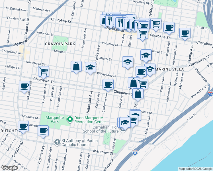 map of restaurants, bars, coffee shops, grocery stores, and more near 3745 California Avenue in St. Louis