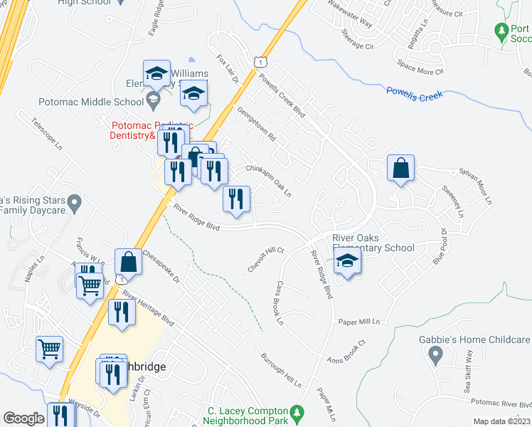 map of restaurants, bars, coffee shops, grocery stores, and more near 2836 Chinkapin Oak Lane in Woodbridge