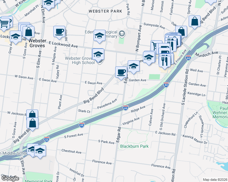 map of restaurants, bars, coffee shops, grocery stores, and more near 457 Catalina Avenue in Webster Groves