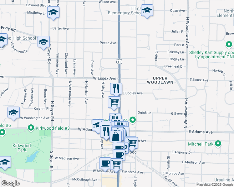 map of restaurants, bars, coffee shops, grocery stores, and more near 483 North Kirkwood Road in Kirkwood