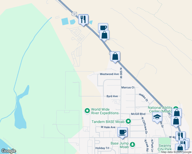 map of restaurants, bars, coffee shops, grocery stores, and more near 827 Westwood Avenue in Moab