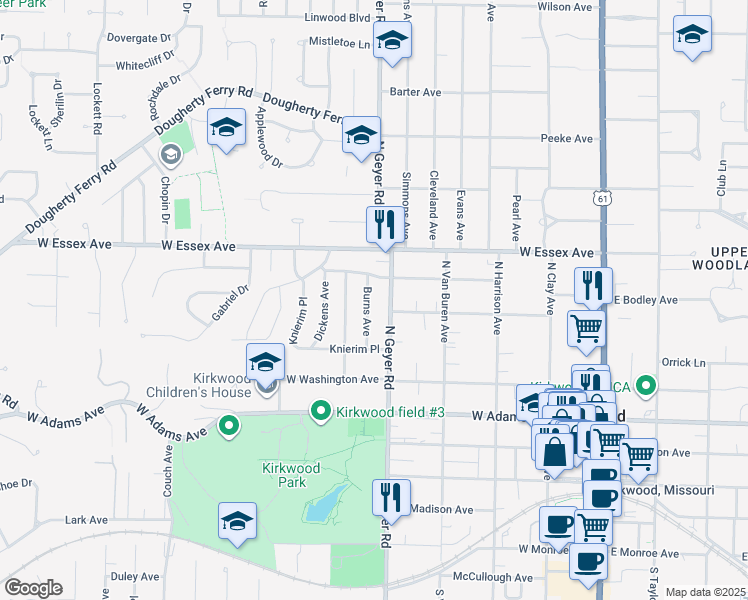map of restaurants, bars, coffee shops, grocery stores, and more near 451 North Geyer Road in Kirkwood