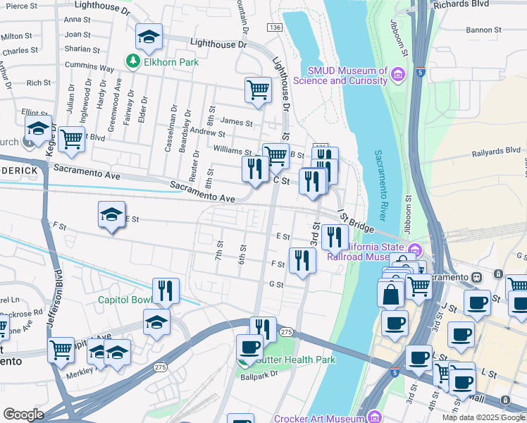map of restaurants, bars, coffee shops, grocery stores, and more near 402 Harriet Lane in West Sacramento