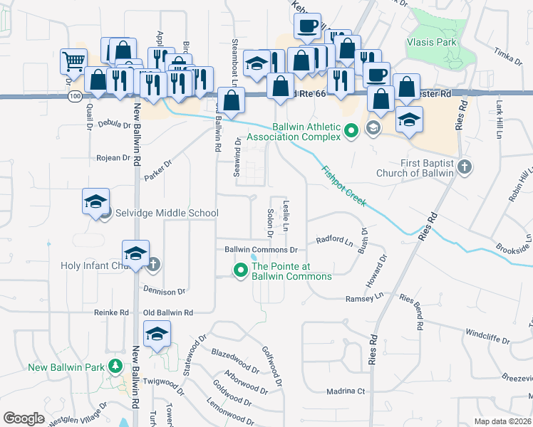 map of restaurants, bars, coffee shops, grocery stores, and more near 228 Saint Marys Drive in Ballwin