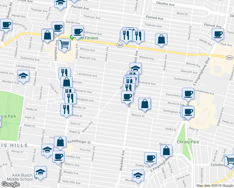 map of restaurants, bars, coffee shops, grocery stores, and more near 5451 Murdoch Avenue in Saint Louis