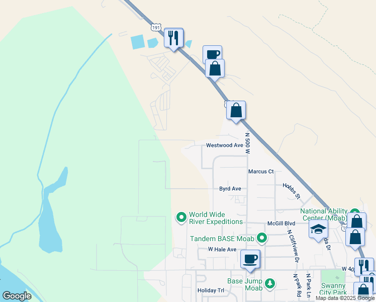 map of restaurants, bars, coffee shops, grocery stores, and more near 827 Westwood Avenue in Moab