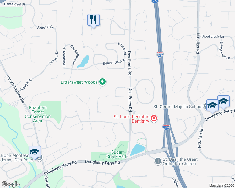 map of restaurants, bars, coffee shops, grocery stores, and more near 12867 Willow Pond Court in St. Louis