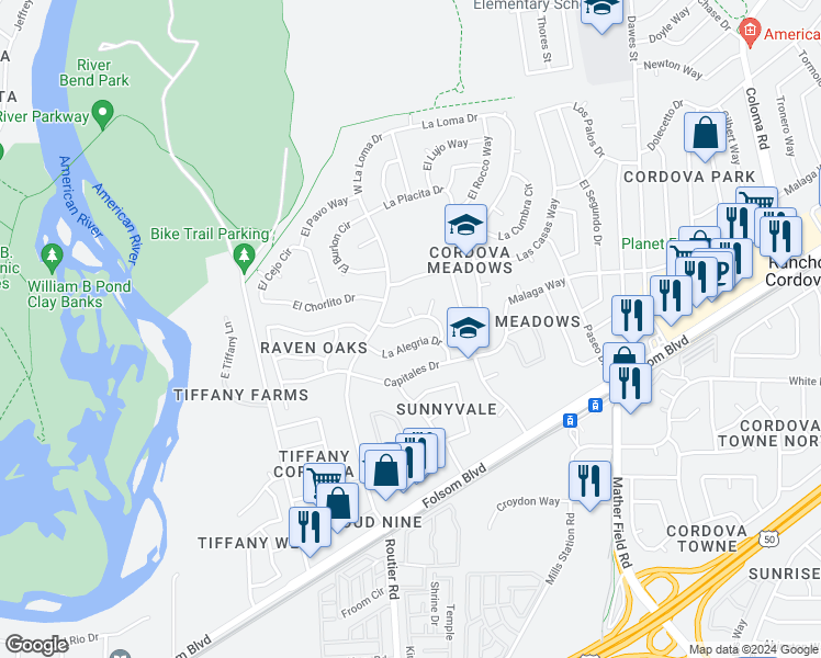map of restaurants, bars, coffee shops, grocery stores, and more near 10120 La Gloria Way in Rancho Cordova