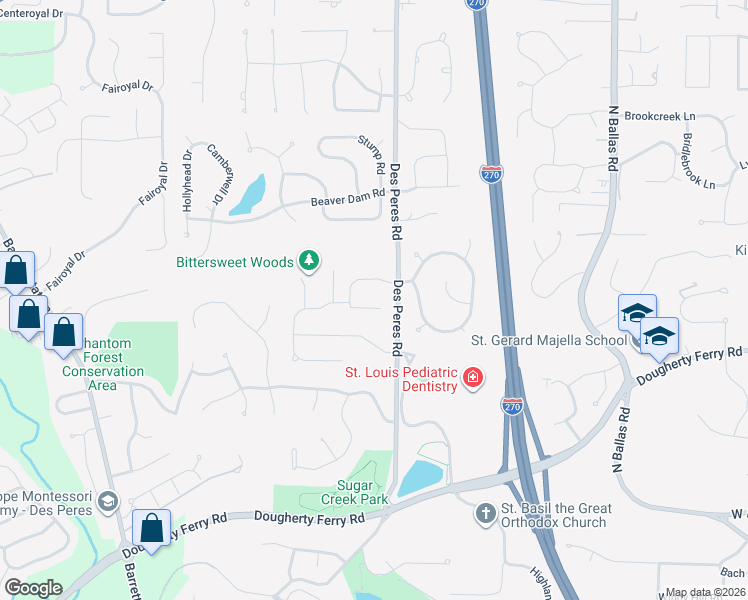 map of restaurants, bars, coffee shops, grocery stores, and more near 12867 Willow Pond Court in St. Louis