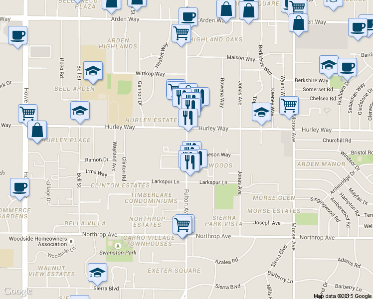 map of restaurants, bars, coffee shops, grocery stores, and more near 1200 Fulton Avenue in Sacramento