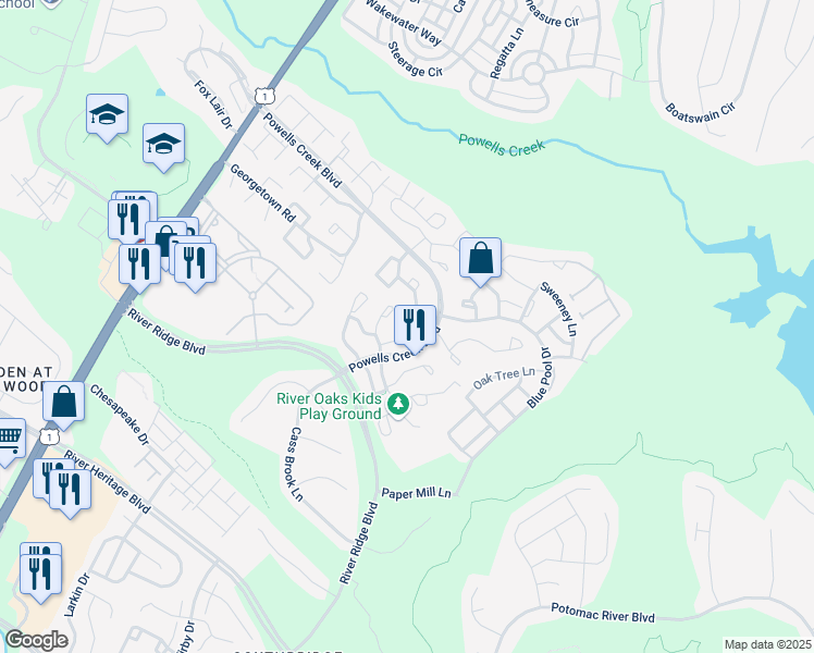 map of restaurants, bars, coffee shops, grocery stores, and more near 2728 Winston Court in Woodbridge