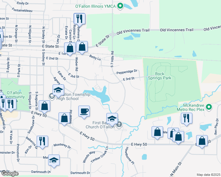map of restaurants, bars, coffee shops, grocery stores, and more near 1113 East 3rd Street in O'Fallon
