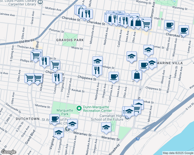 map of restaurants, bars, coffee shops, grocery stores, and more near 2907 Chippewa Street in St. Louis