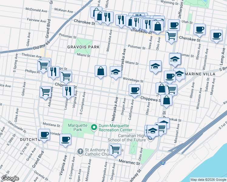 map of restaurants, bars, coffee shops, grocery stores, and more near 2907 Chippewa Street in St. Louis