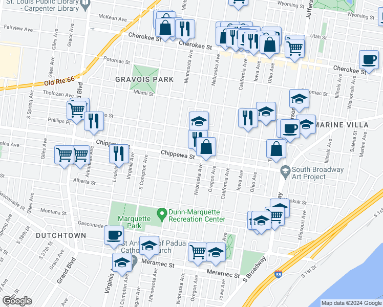 map of restaurants, bars, coffee shops, grocery stores, and more near 2907 Chippewa Street in St. Louis