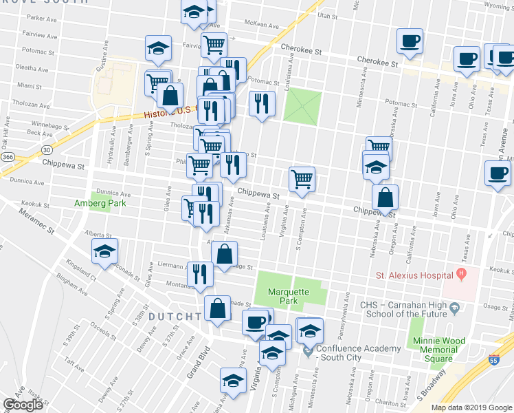 map of restaurants, bars, coffee shops, grocery stores, and more near 3420 Chippewa Street in St. Louis