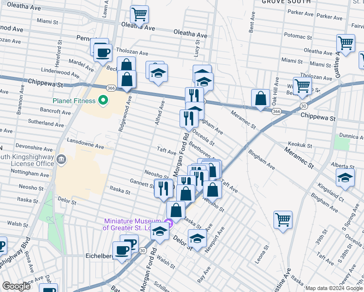 map of restaurants, bars, coffee shops, grocery stores, and more near in St. Louis