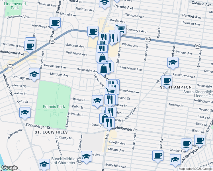 map of restaurants, bars, coffee shops, grocery stores, and more near 4724 Locke Avenue in St. Louis