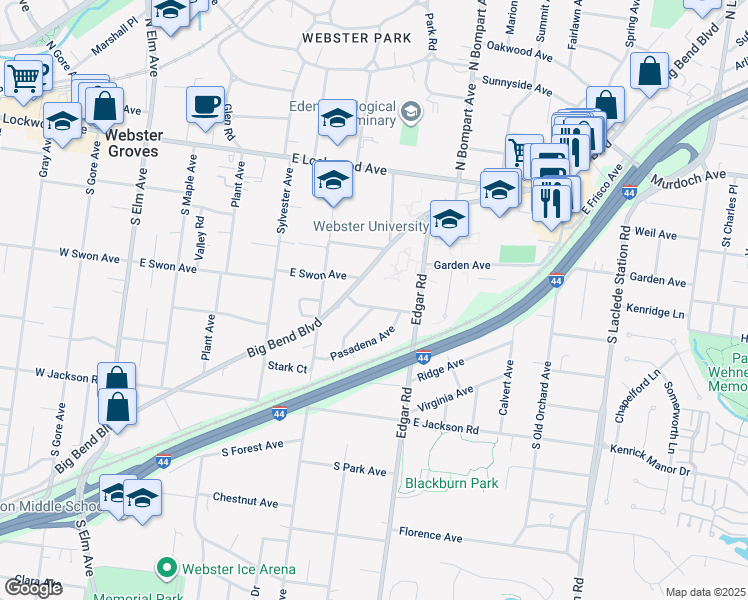 map of restaurants, bars, coffee shops, grocery stores, and more near 457 Catalina Avenue in Webster Groves