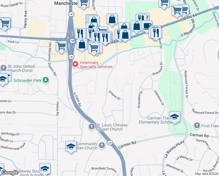 map of restaurants, bars, coffee shops, grocery stores, and more near 206 Enchanted Parkway in Ballwin