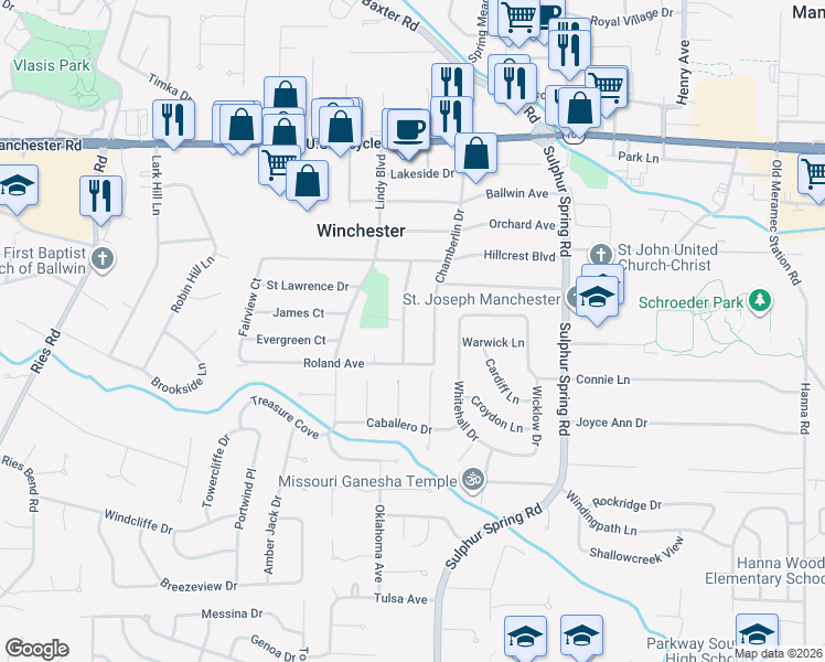 map of restaurants, bars, coffee shops, grocery stores, and more near 441 Rosedale Terrace in Ballwin