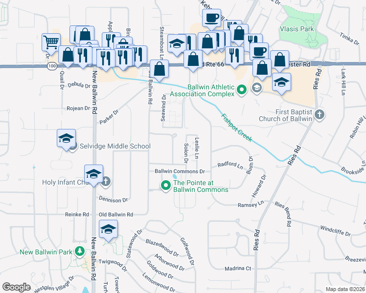 map of restaurants, bars, coffee shops, grocery stores, and more near 228 Saint Marys Drive in Ballwin