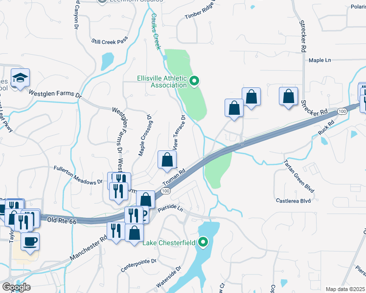 map of restaurants, bars, coffee shops, grocery stores, and more near 16219 Autumn View Terrace Drive in Ellisville