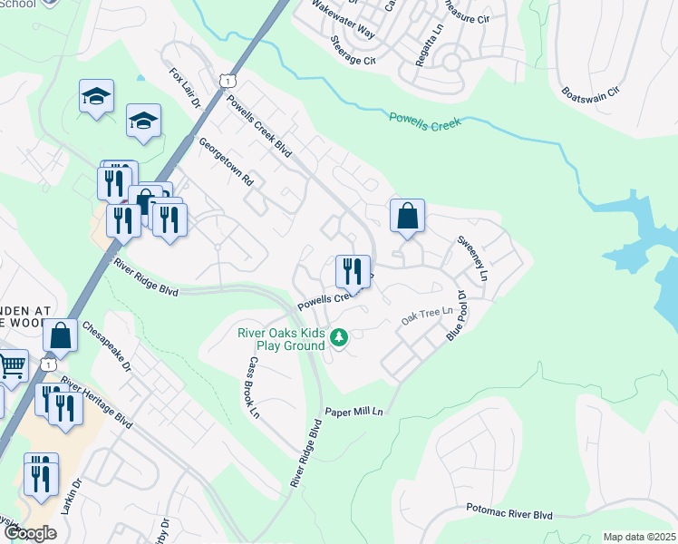 map of restaurants, bars, coffee shops, grocery stores, and more near 2736 Winston Court in Woodbridge