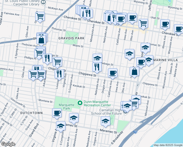map of restaurants, bars, coffee shops, grocery stores, and more near 3001 Chippewa Street in St. Louis