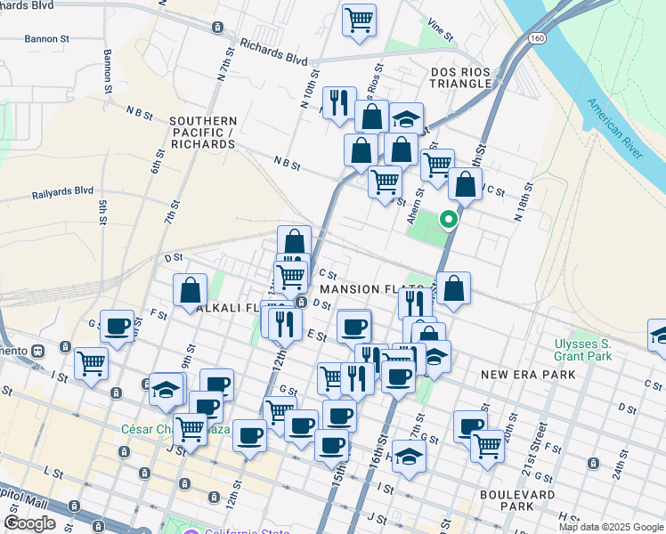 map of restaurants, bars, coffee shops, grocery stores, and more near 1219 C Street in Sacramento
