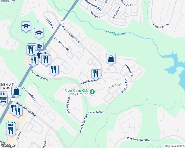 map of restaurants, bars, coffee shops, grocery stores, and more near 2736 Winston Court in Woodbridge