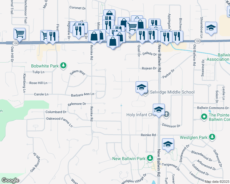 map of restaurants, bars, coffee shops, grocery stores, and more near 712 Wren Path Court in Ellisville