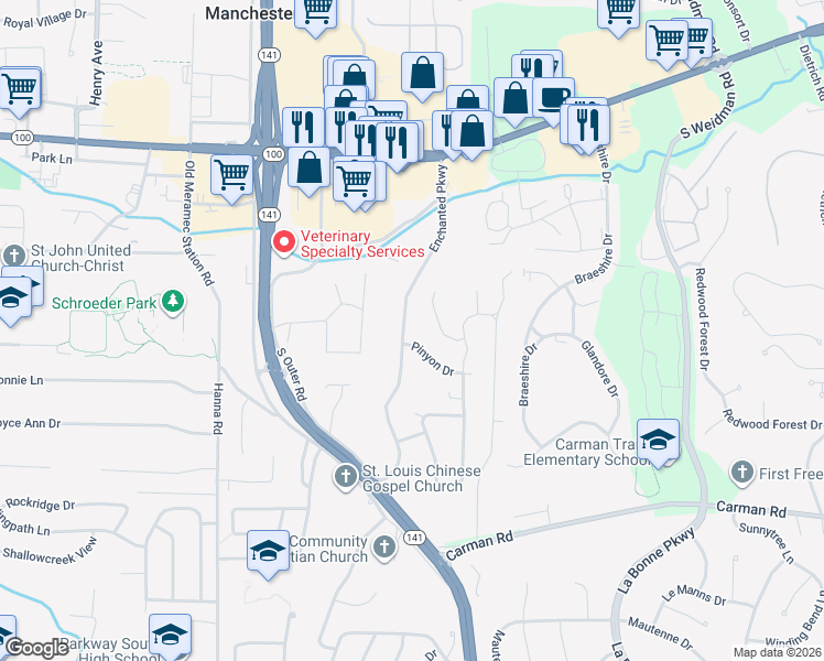 map of restaurants, bars, coffee shops, grocery stores, and more near 206 Enchanted Parkway in Ballwin