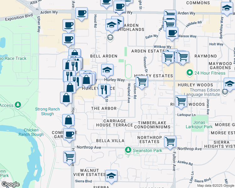 map of restaurants, bars, coffee shops, grocery stores, and more near 2340 Hurley Way in Sacramento