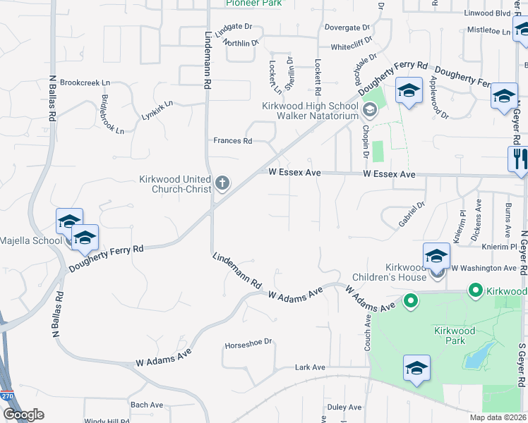 map of restaurants, bars, coffee shops, grocery stores, and more near 1329 Woodfield Manor Court in Kirkwood