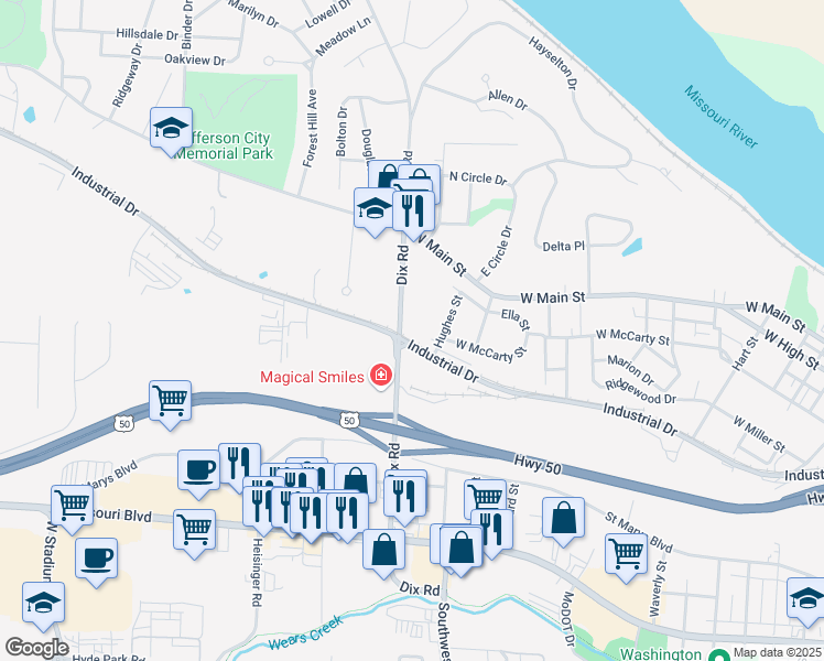 map of restaurants, bars, coffee shops, grocery stores, and more near 219 Dix Road in Jefferson City