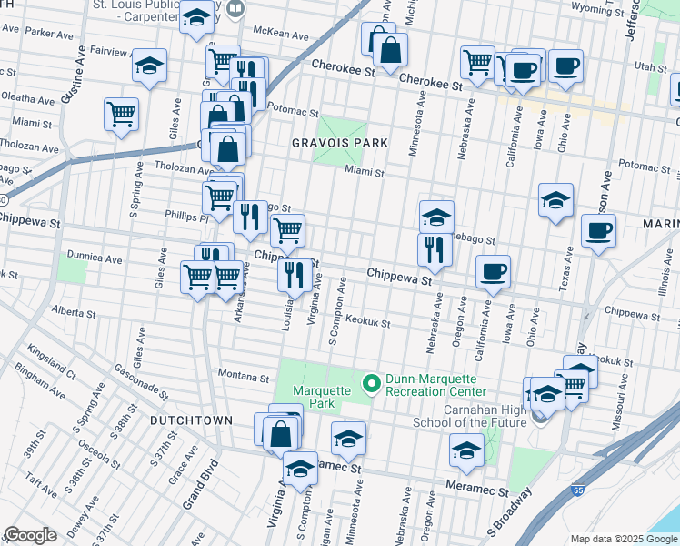 map of restaurants, bars, coffee shops, grocery stores, and more near 3200 Chippewa Street in St. Louis