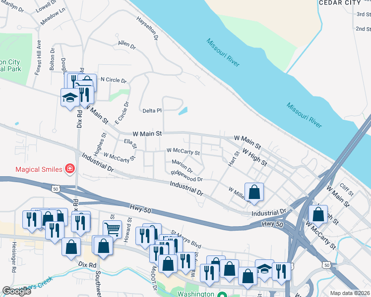 map of restaurants, bars, coffee shops, grocery stores, and more near 1604 West McCarty Street in Jefferson City