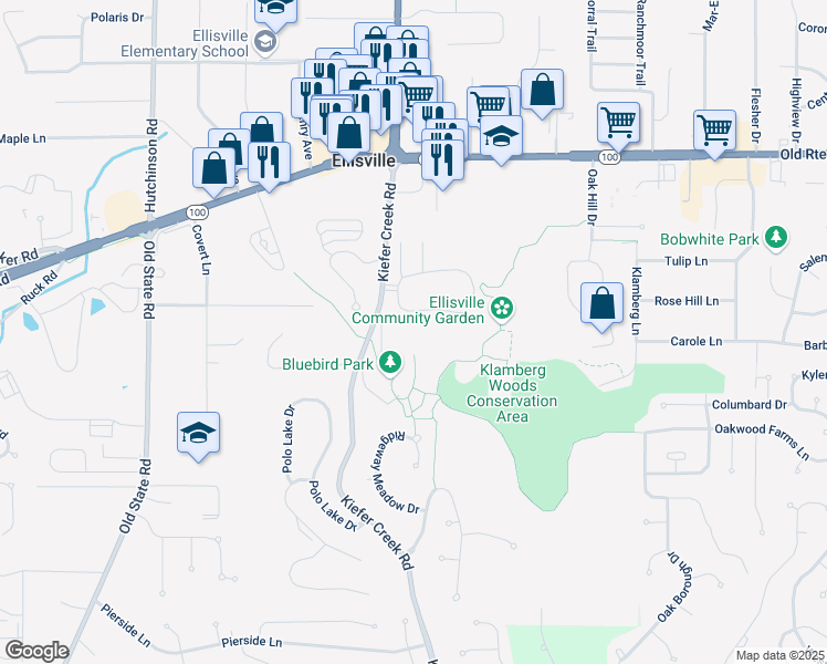 map of restaurants, bars, coffee shops, grocery stores, and more near 299 Carmel Woods Drive in Ellisville