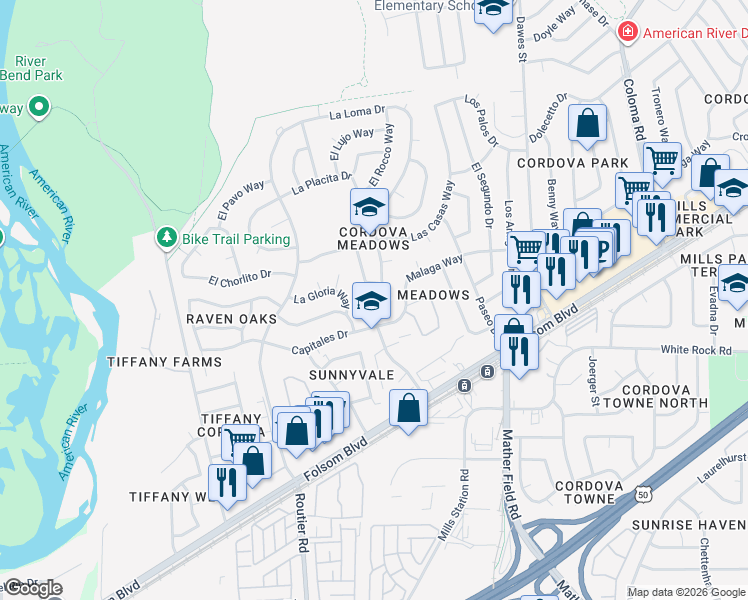 map of restaurants, bars, coffee shops, grocery stores, and more near 2714 Toro Court in Rancho Cordova